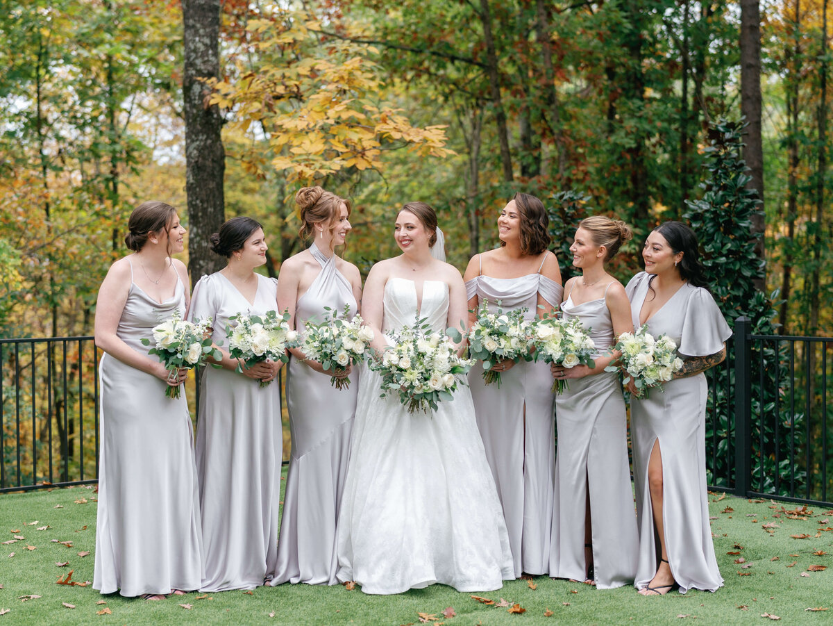 Bridesmaids in silver satin dresses