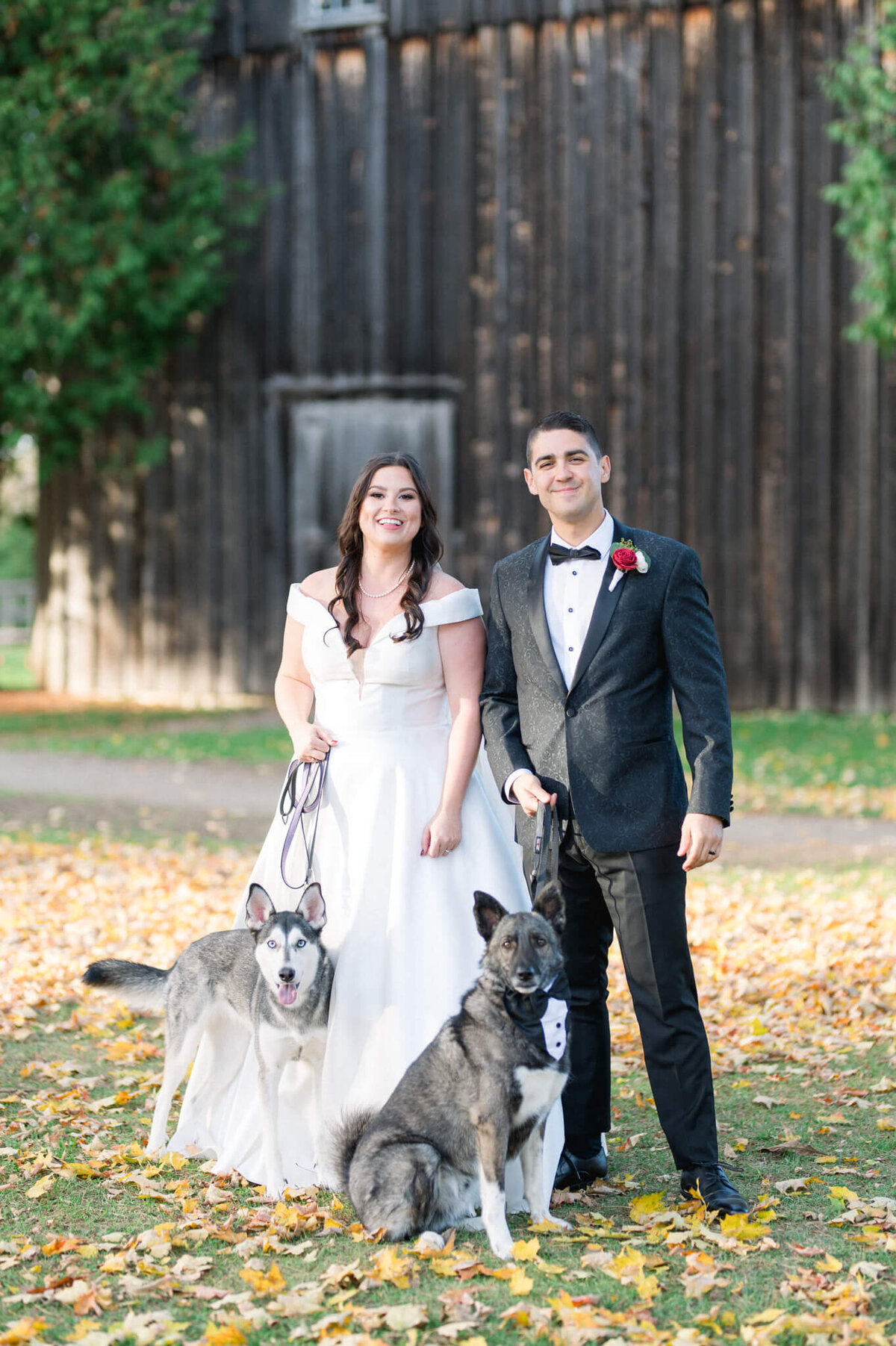 Bride and Groom take portraits with their pet dogs at Balls Falls. Captured by Niagara wedding photographer.