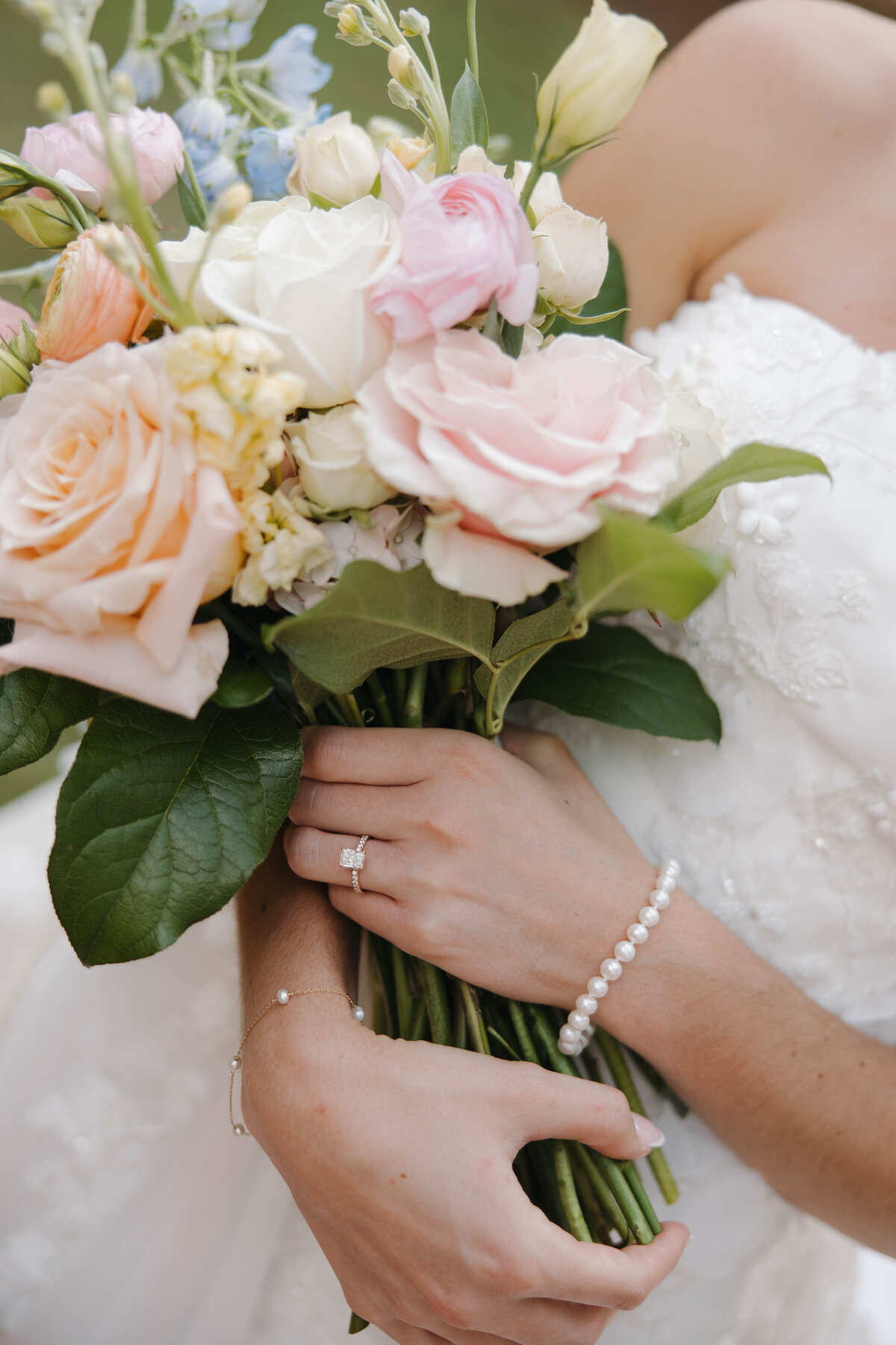 Bridal bouquet and upclose details of bride at their spring wedding at the Oaks in Centreville