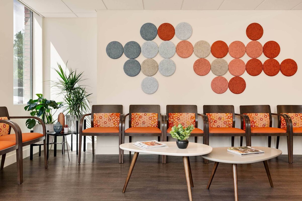 Mid Century Modern inspired lobby with colorful patterns and artwork