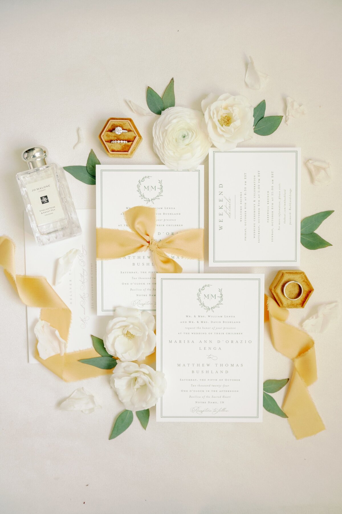 gold and green wedding stationery