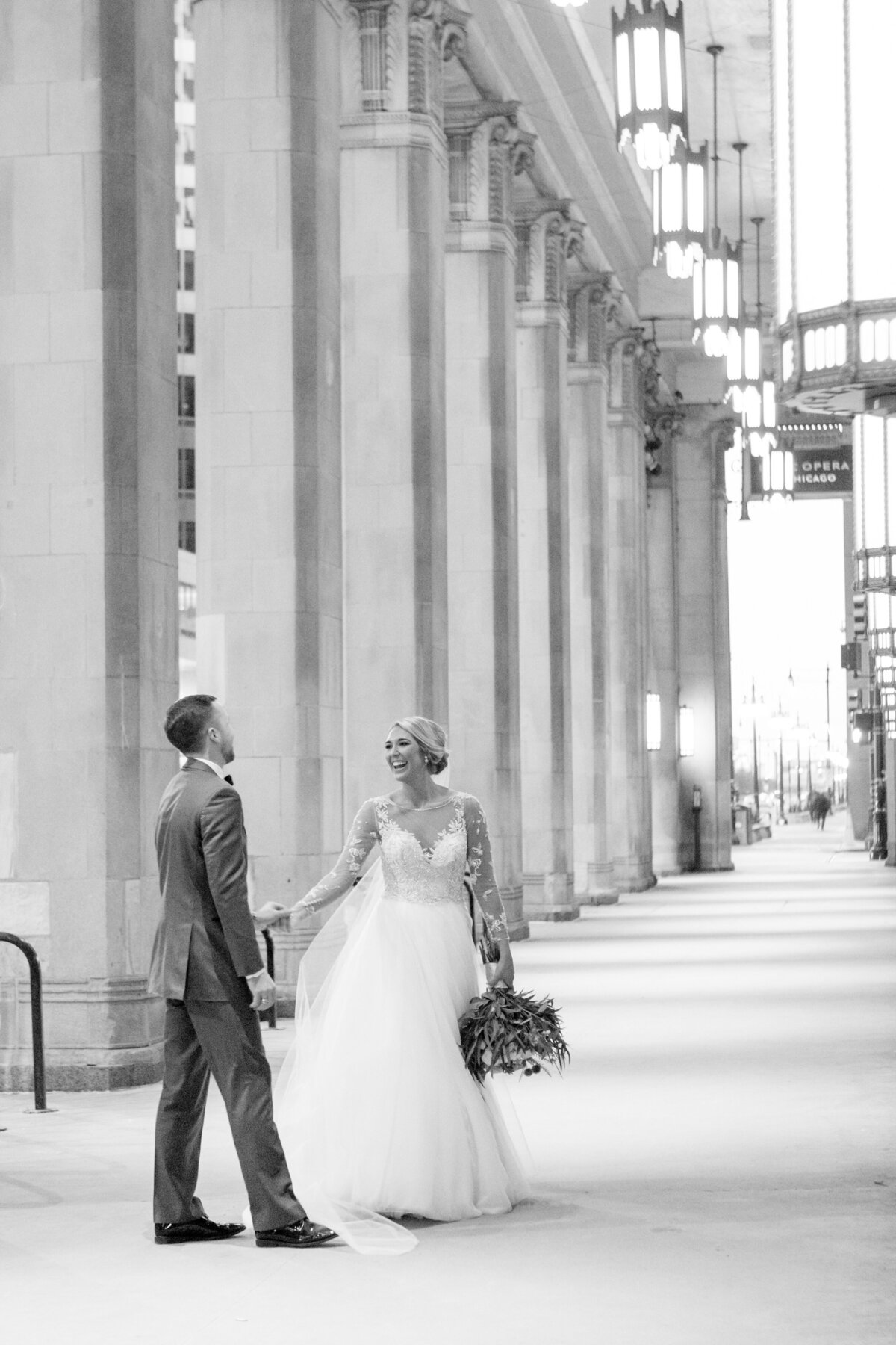 Bride and groom at the Lyric Opera House in Chicago