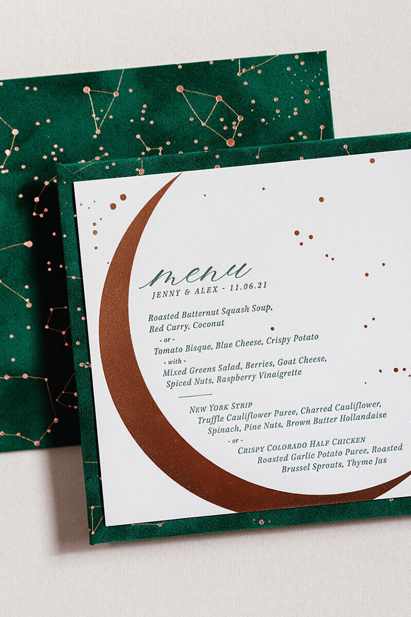 Celestial Foil and Velvet custom wedding menu card