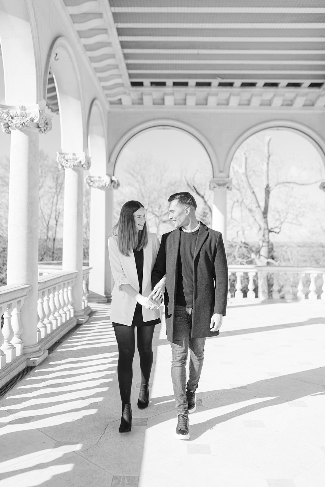 Black and white image of a couple who had a surprise proposal at Cliveden house