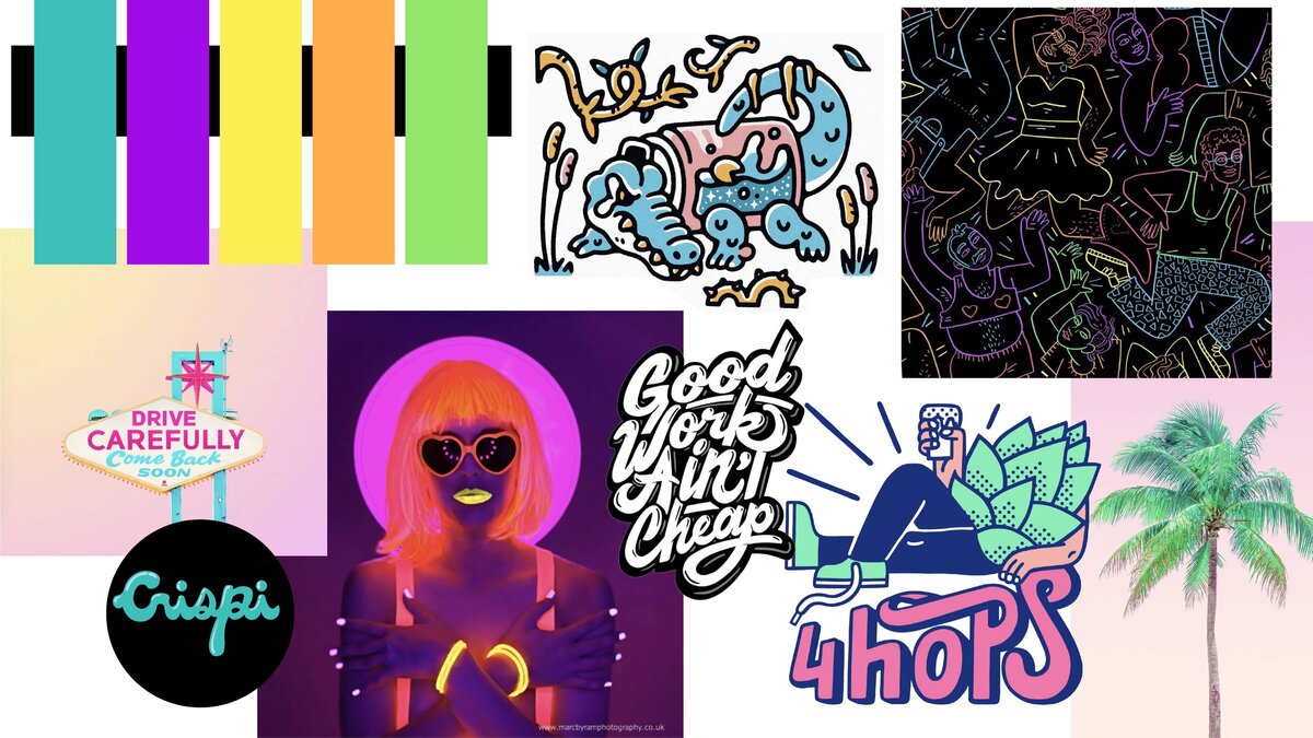 A neon color palette at the top left surrounded by colorful image and illustrations