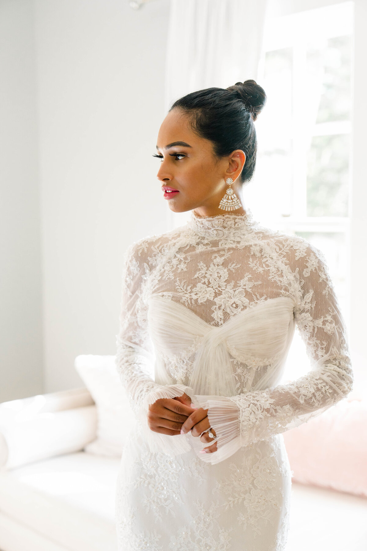 Newport Rhode Island Wedding Photographers | Rhode Island Caprio Captured Photography | Stunning Bride In Long Sleeve Lace Gown With Chandelier Earrings