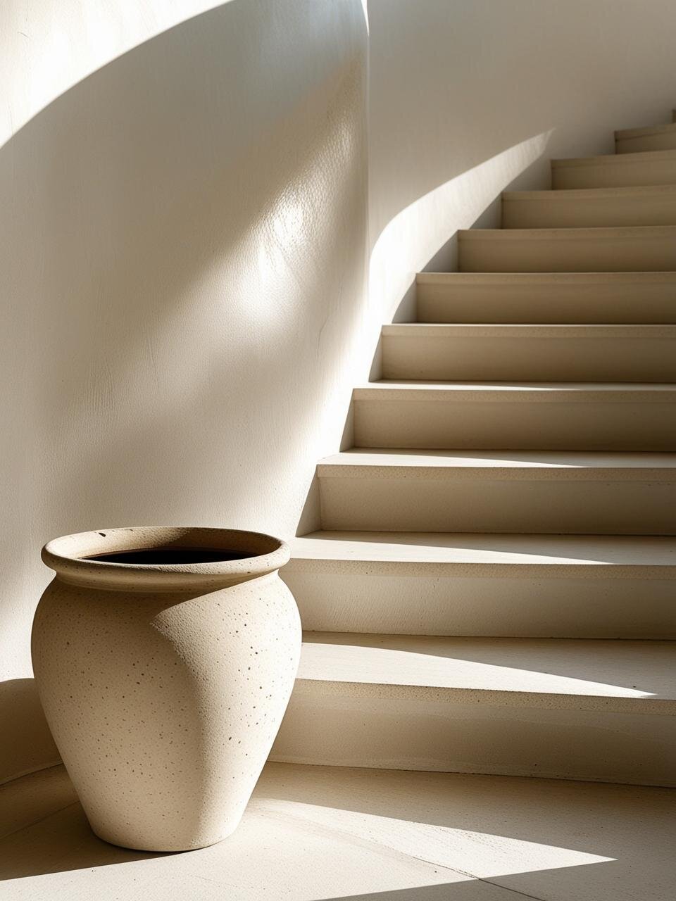 3light beige stone stairs. Beige large flower pot without flowers. the sun is casting shaddows and light
