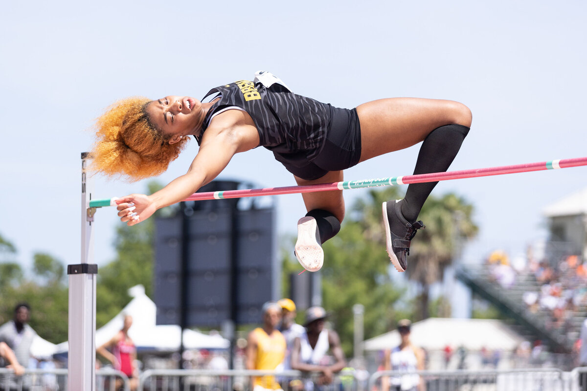 Brenau College's Tyleeah Maddox attempts the high jump on day 3 of the 2020 NAIA National Championship in Gulf Shores, Alabama.