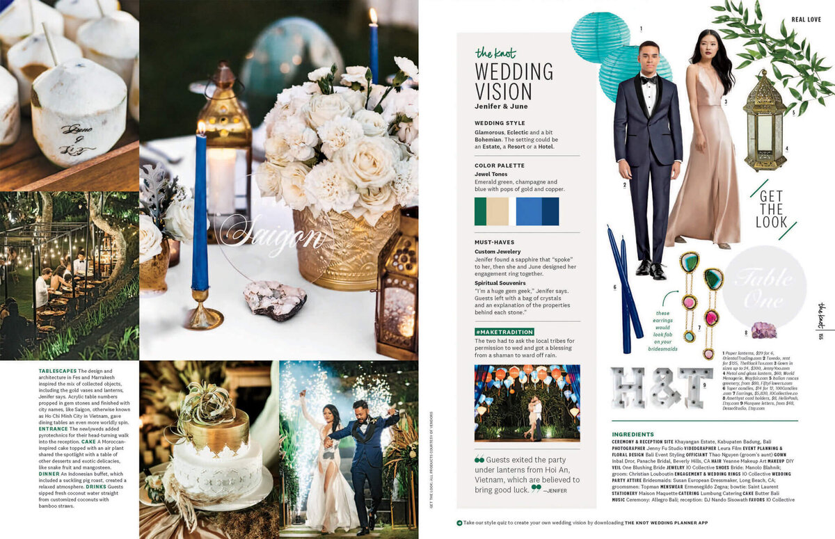 A page in The Knot Magazine with images of the bride and groom, wedding cake, flowers, etc. in Bali, Indonesia. Image by Jenny Fu Studio