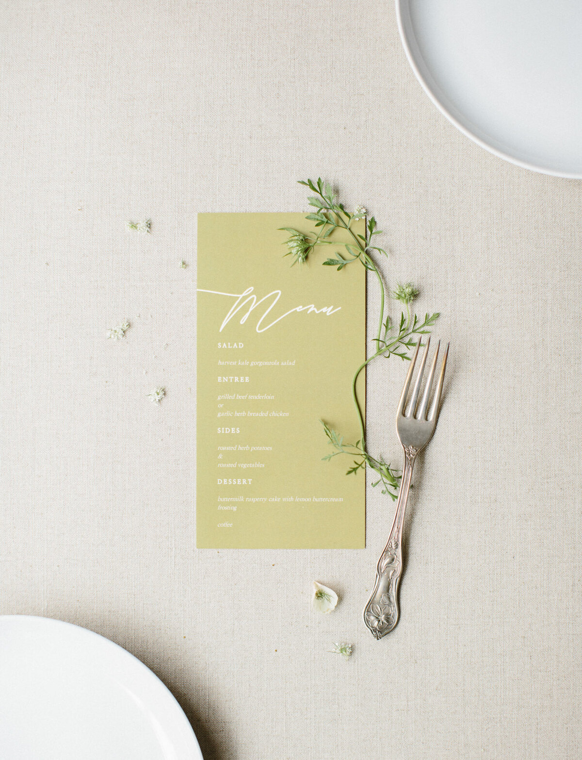 minimal flat lay, green wedding menu, vintage flatware, film wedding photographer in Michigan