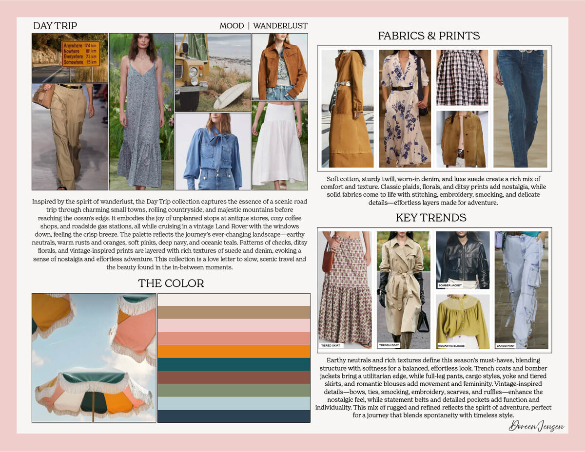 Trend board showing Day Trip’s key fabrics, prints, and color palette including checks, florals, suede, denim, and earthy tones inspired by small-town and nature escapes.
