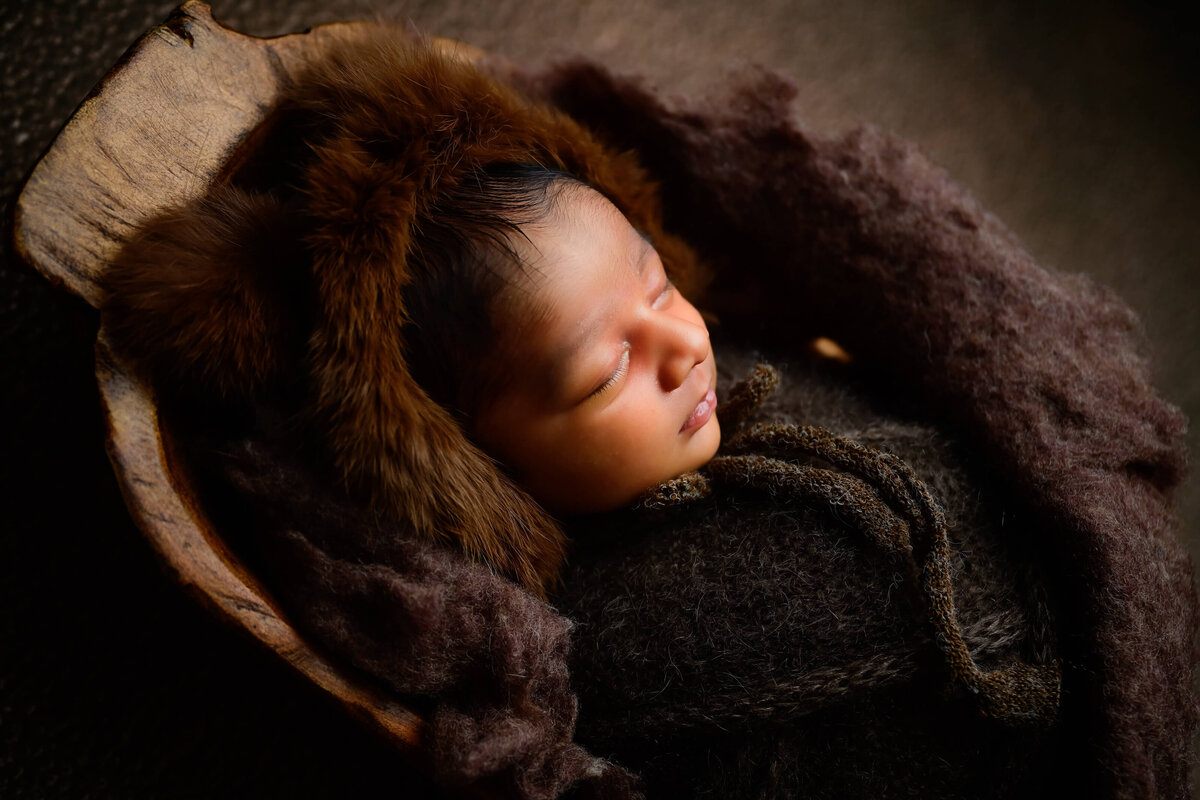 Angled view of newborn wrapped in shades of brown furs and fluffs and posed sleeping in a trench bowl. Kitsap County, WA newborn photo session captured by  Beth Benecki.