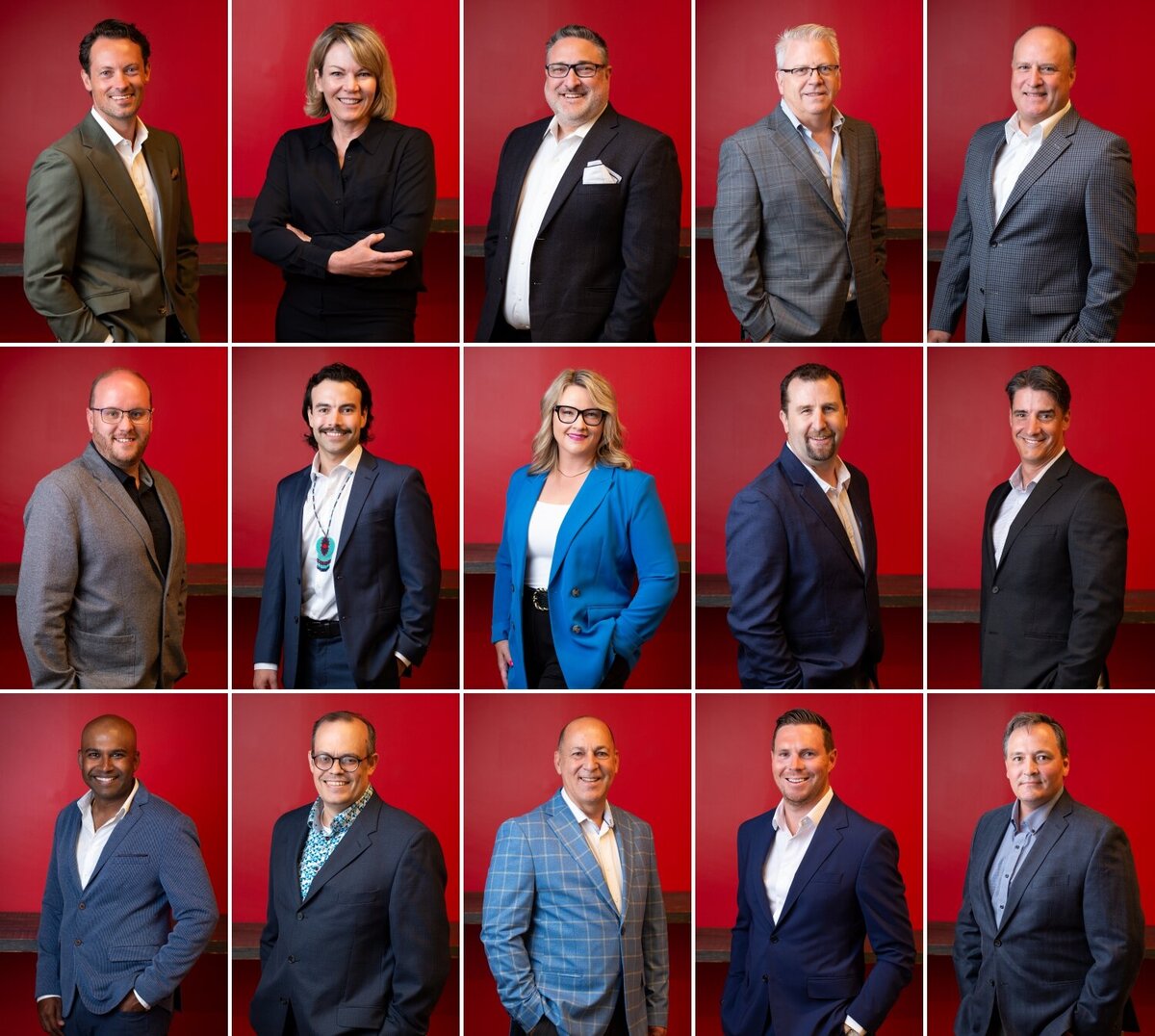 a collage showing individual headshots of men and women smiling against a red backdrop.  Captured on-location in a corporate office by Ottawa Corporate Photographer JEMMAN Photography COMMERCIAL