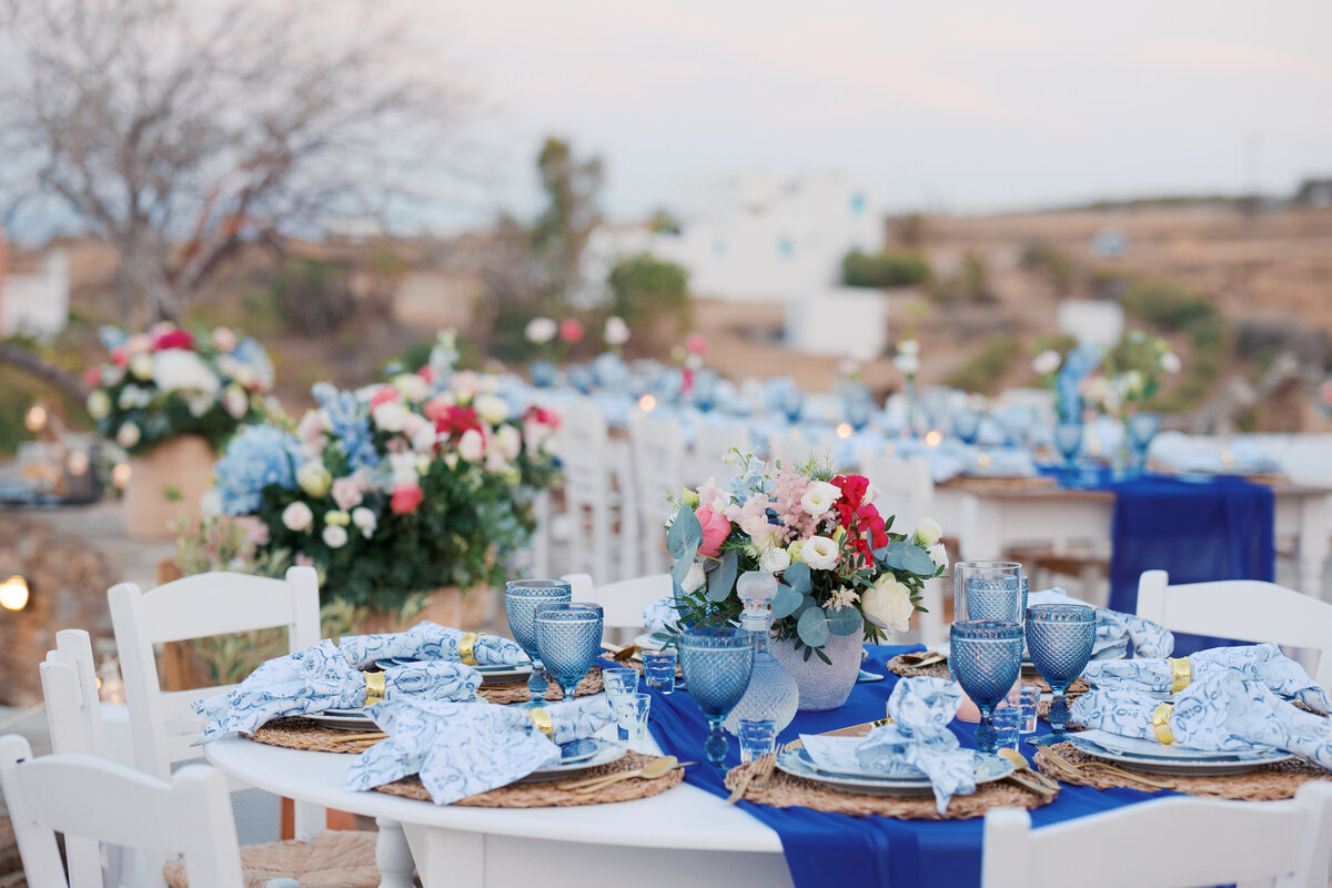 reception decor at a destination island wedding on Paros, Greece