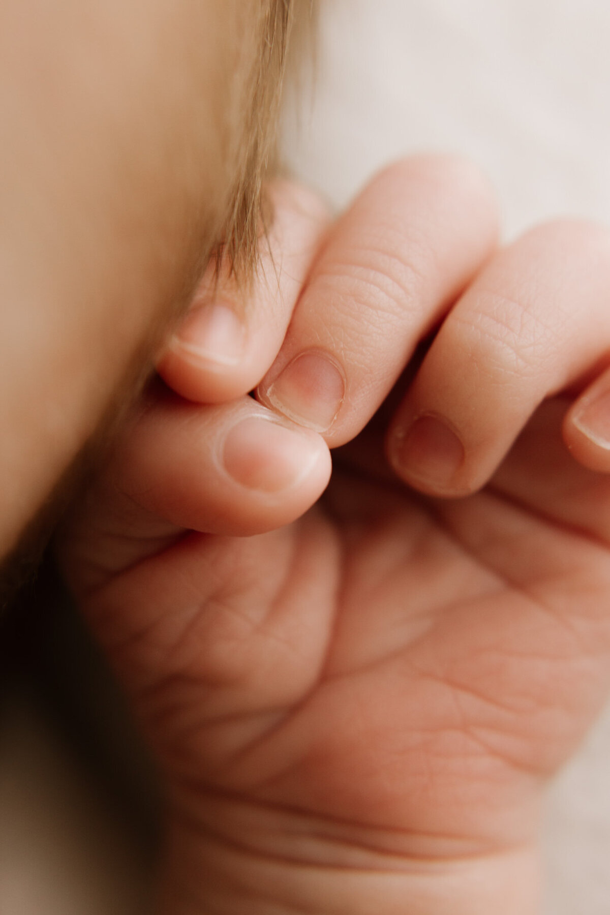 A close-up macro photograph of a newborn’s tiny fingers gently curled near their face. The soft lighting highlights the delicate skin texture and natural details, capturing the beauty and tenderness of early newborn moments.