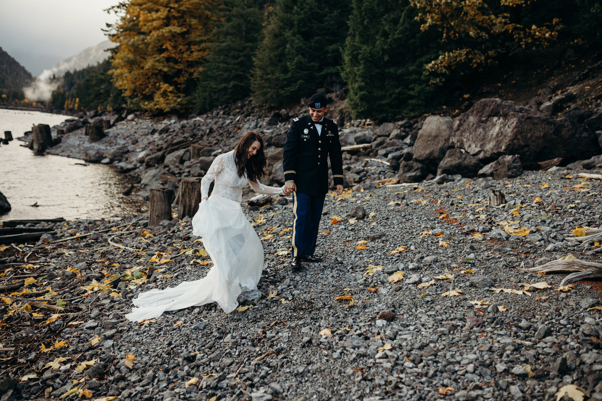 Bride and Groom portrait during their elopement wedding in Lake Crescent, Washington.