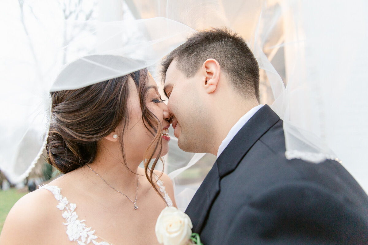 Bride and Groom romantically going in for a kiss under the bride's veil during wedding portraits. Captured by Bethany Aubre Photography.
