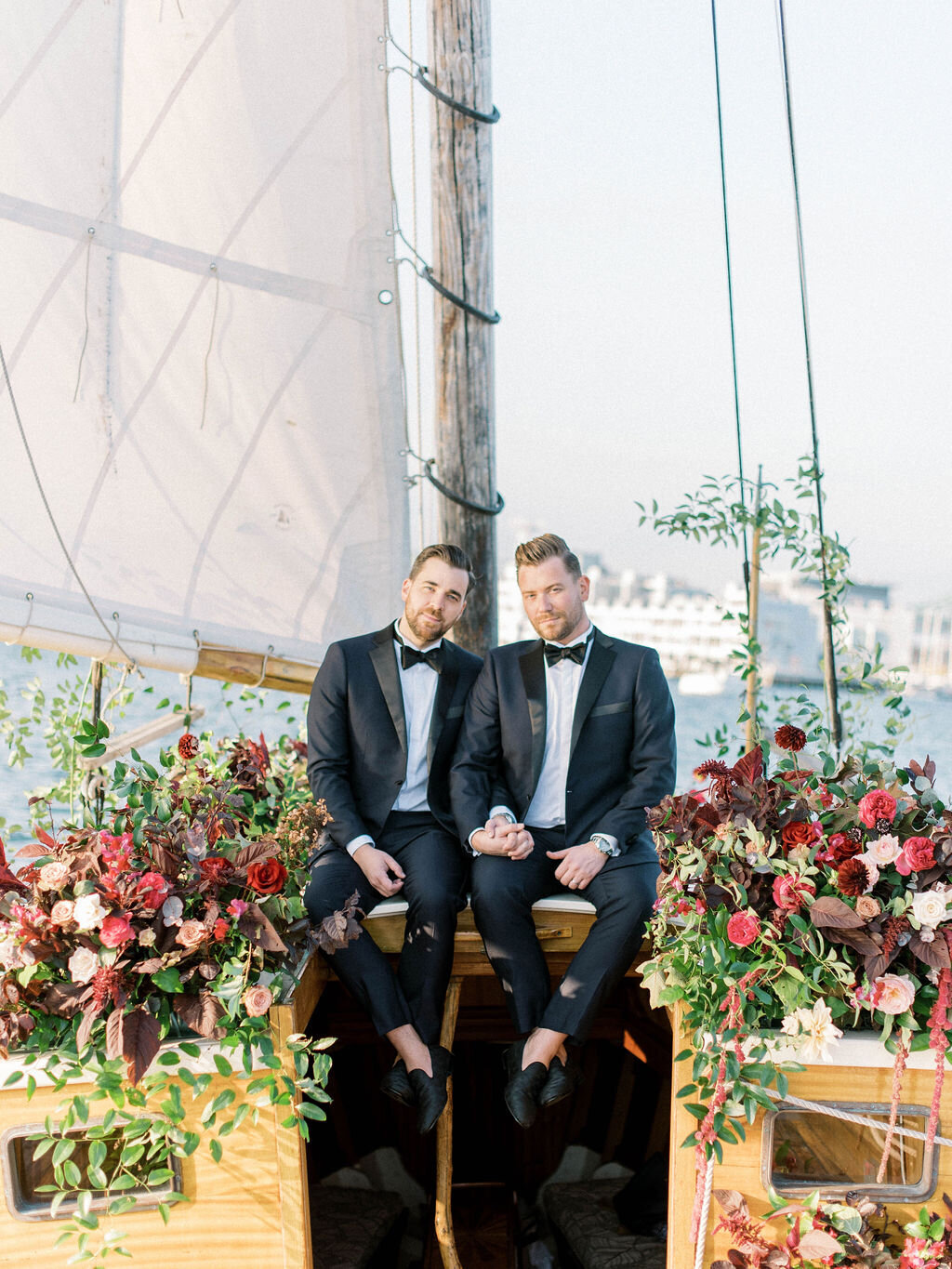Kate-Murtaugh-Events-Boston-Harbor-sail-boat-yacht-elopement-wedding-planner-grooms-florals-greenery-installation