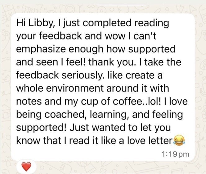 WhatsApp message from a 1:1 client saying she reads her feedback like a love letter