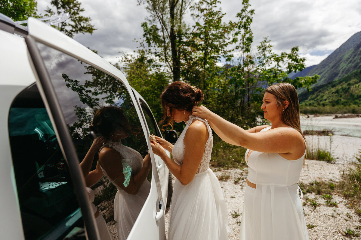 romantic couple in Soča Valley river elopement