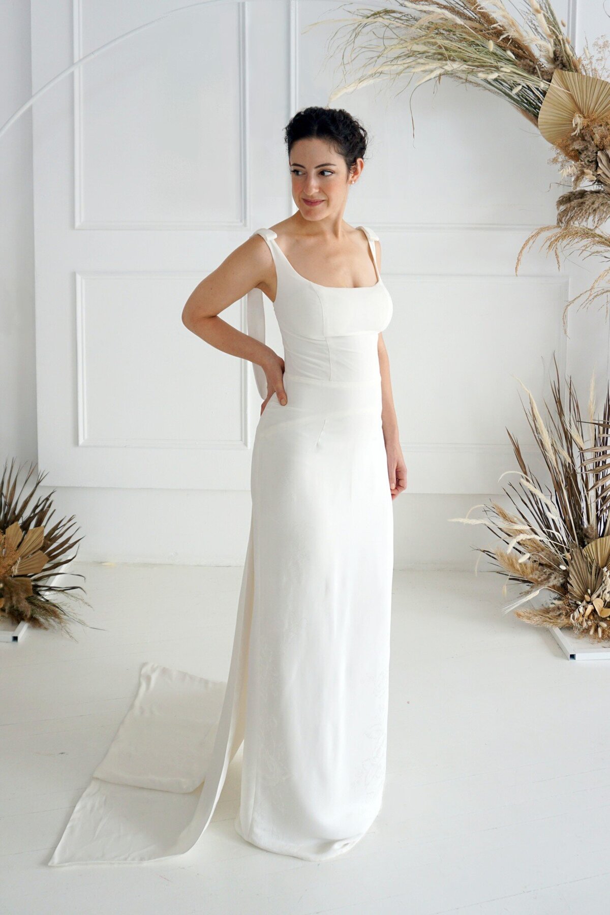 Side front view of the convertible two-in-one Jealine bridal style by Charleston indie bridal designer Edith Elan.