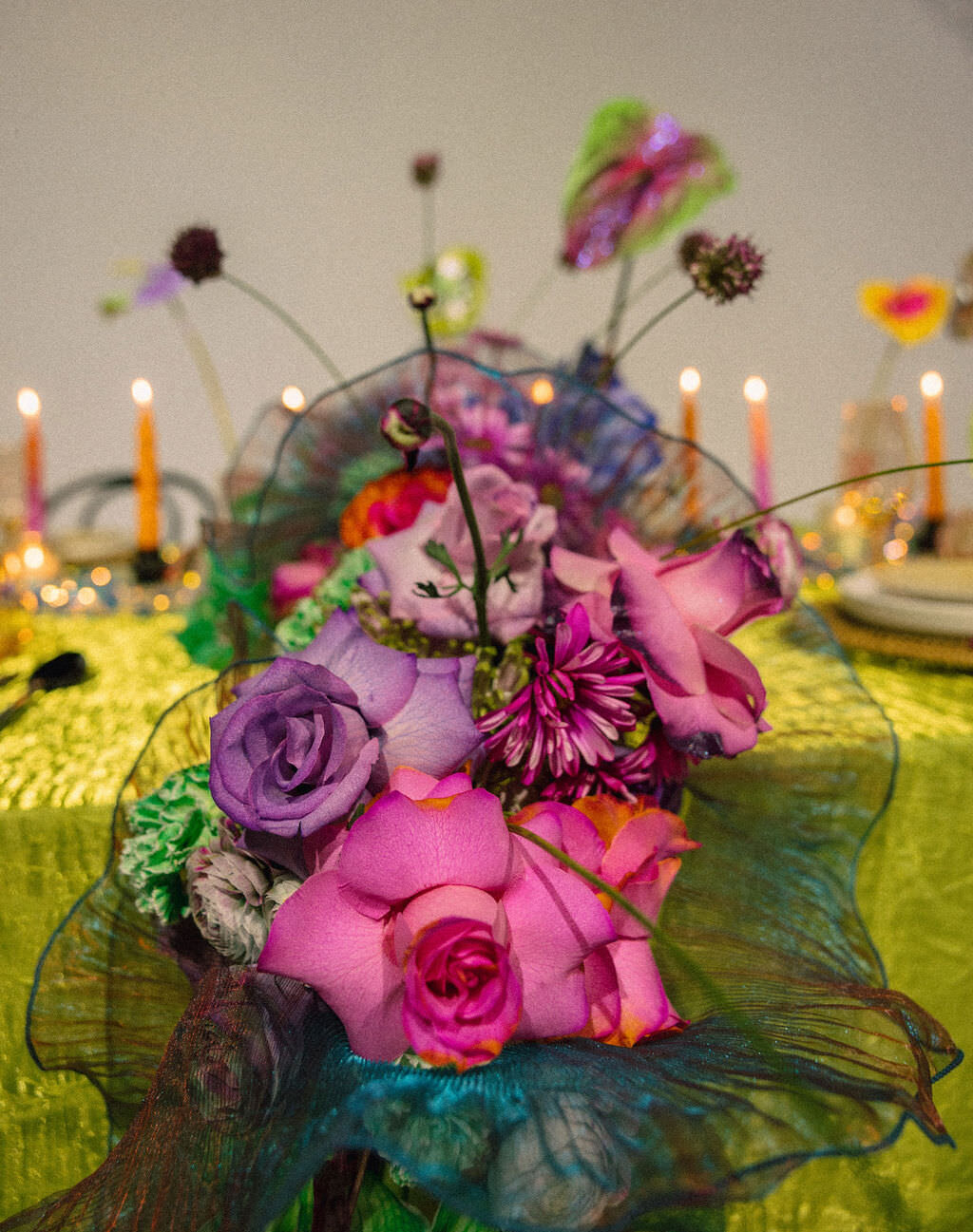 A colorful bouquet of flowers on a table.