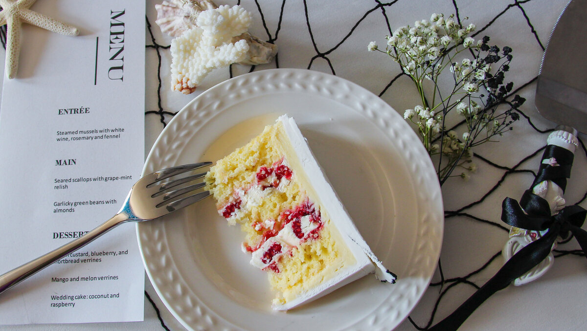 cake slice layout coconut and raspberry flavor