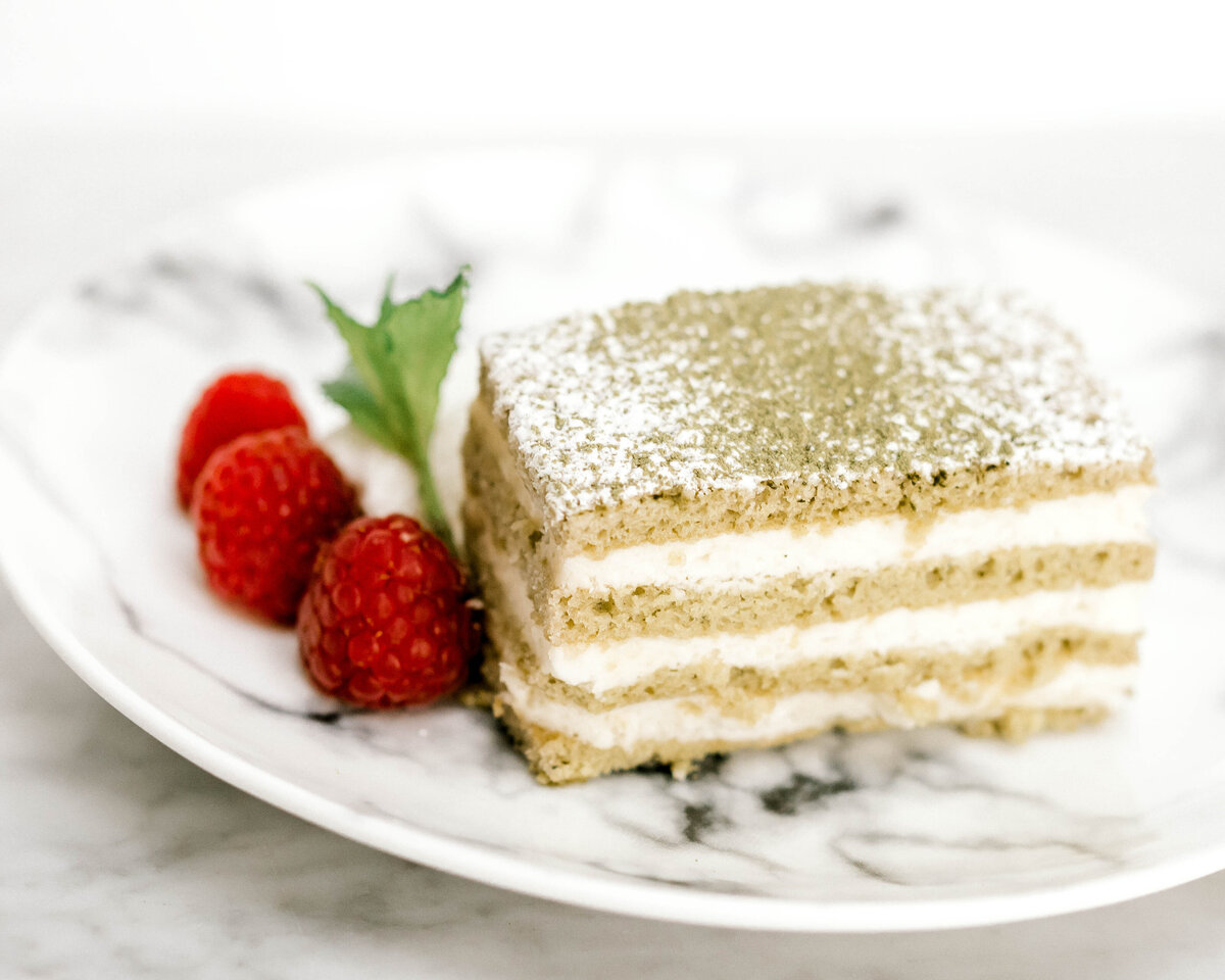 matcha layer cake with fresh raspberries and garden grown mint served at Willowbrook wedding venue in PIttsburgh