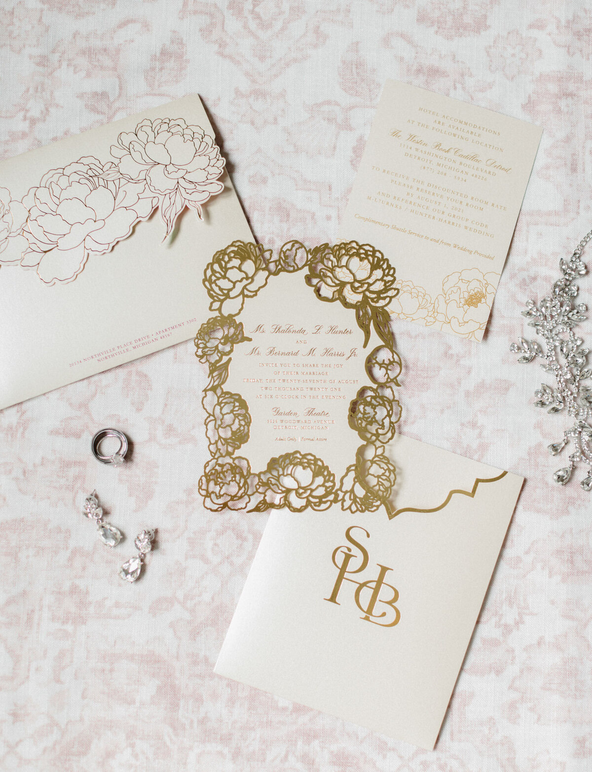 wedding stationery with gilded gold foil detail, custom wedding crest, Detroit wedding at Garden Theater