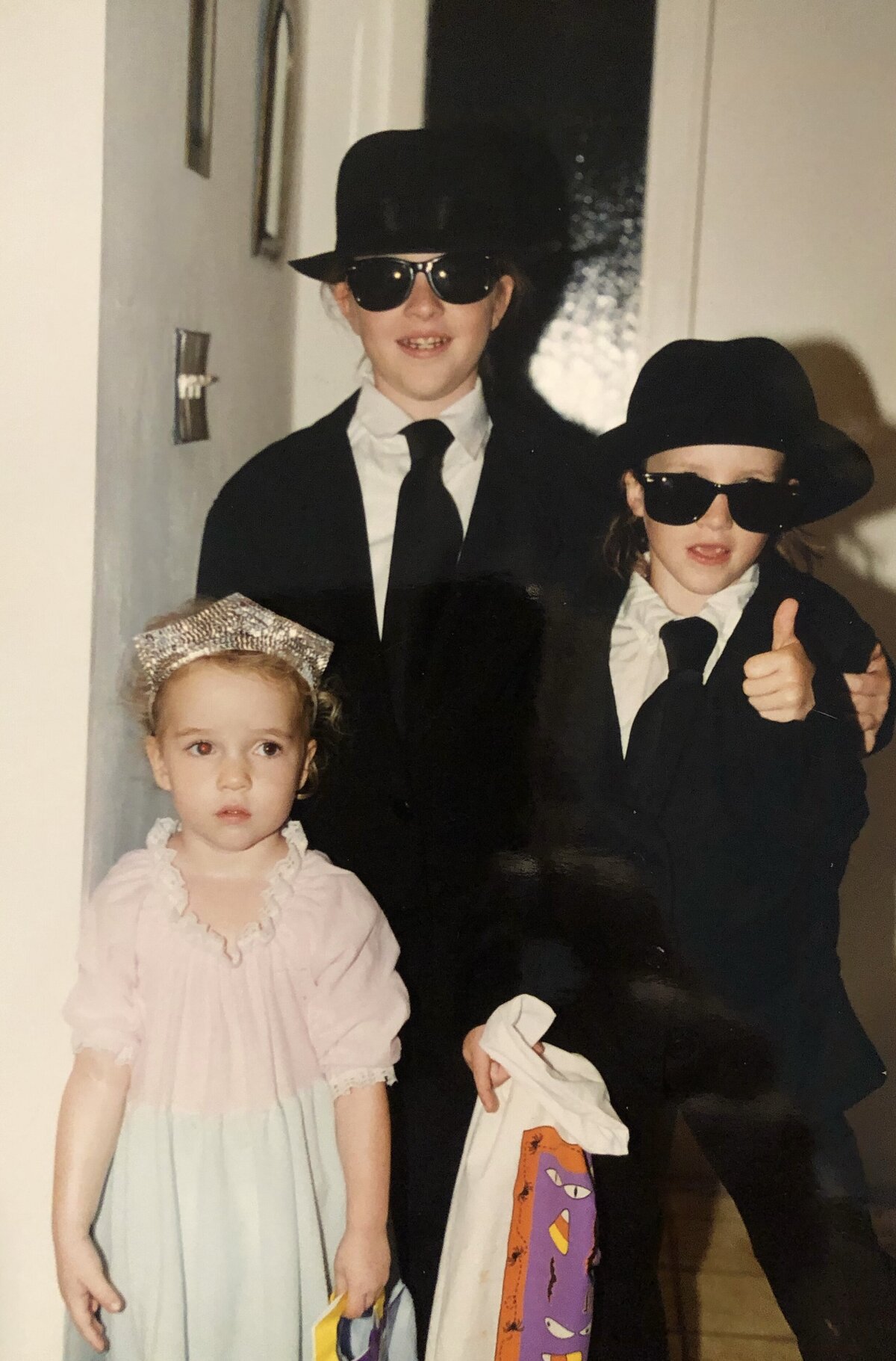 Three kids dressed up for halloween as Blues Brothers and Princess - Northern Virginia family photographer