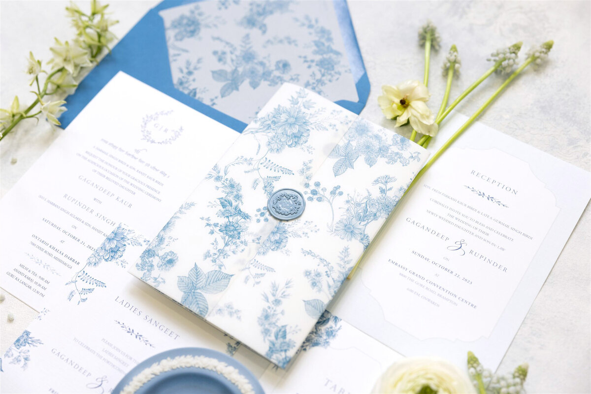 Blue florals Sikh wedding invitation 6