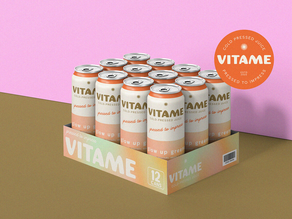 Beverage packaging design for Vitame, featuring a bright, sunny color palette that captures the essence of cold-pressed juice. A modern, retro-inspired logo to match the vibrant energy of the brand.