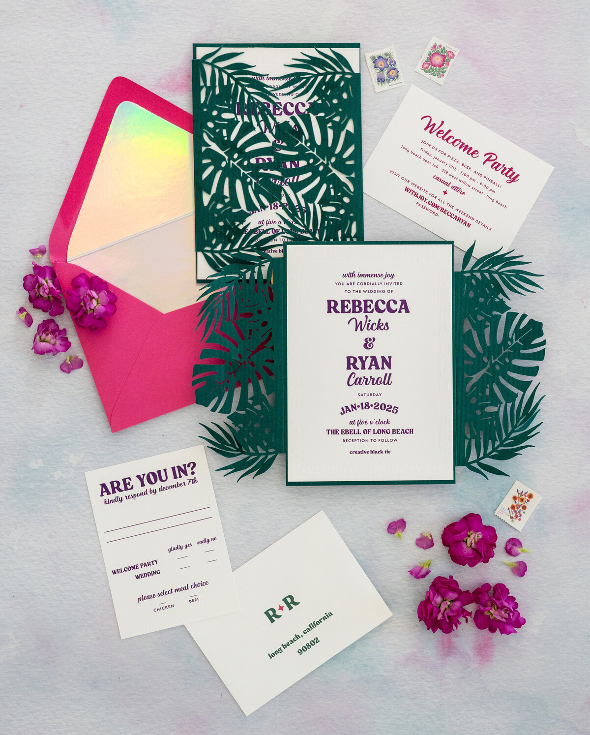 rainbow tropical long beach wedding invite