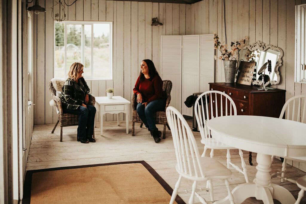 two women sitting in a cottage