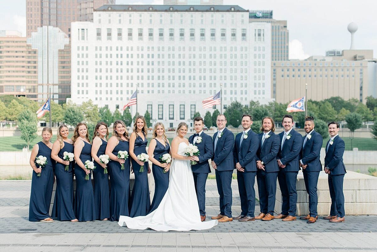 Wedding party in classic navy taken by Ohio Wedding Photographer in downtown Columbus, Ohio