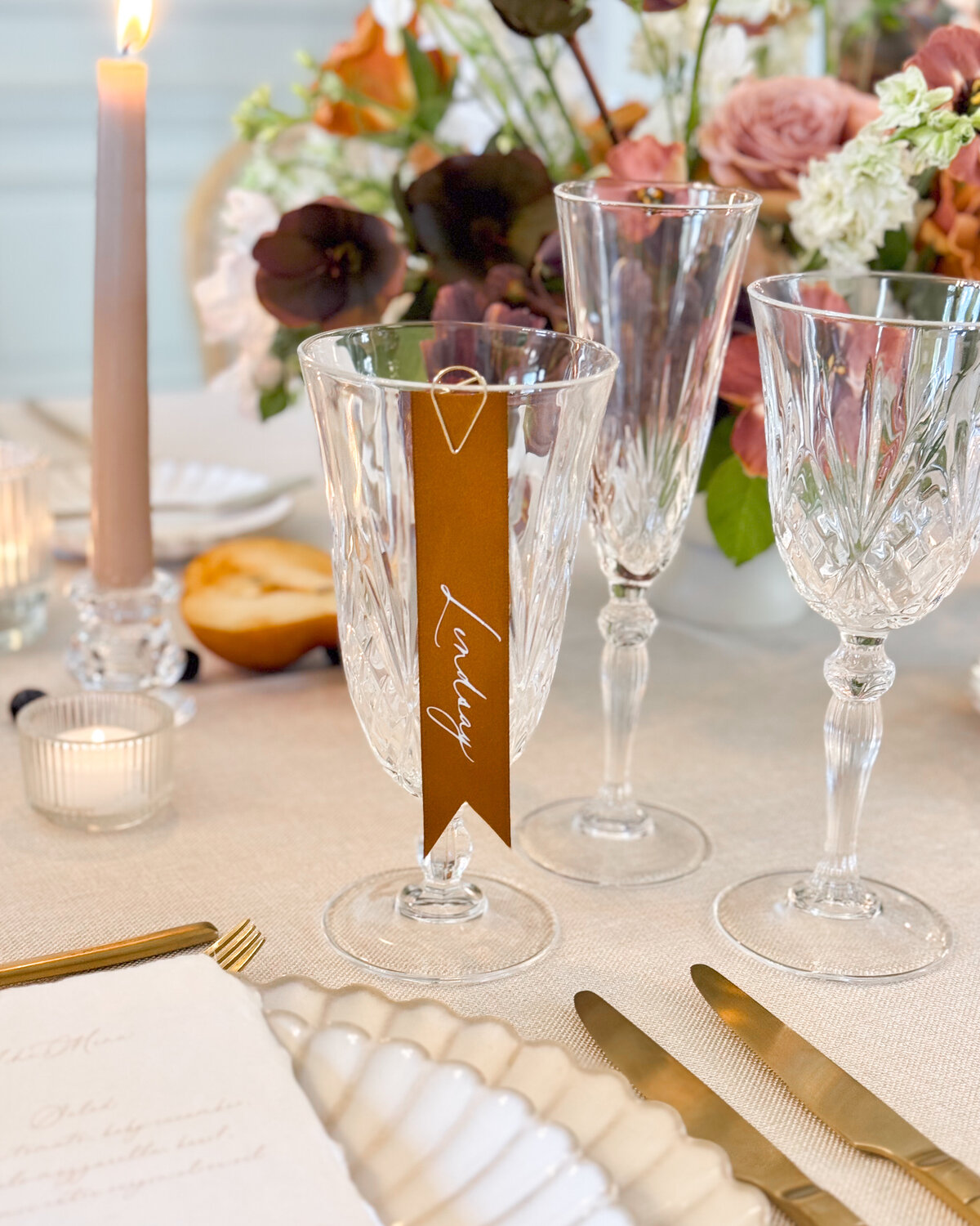 Golden Brown Satin Ribbon Place Card with Gold Clip