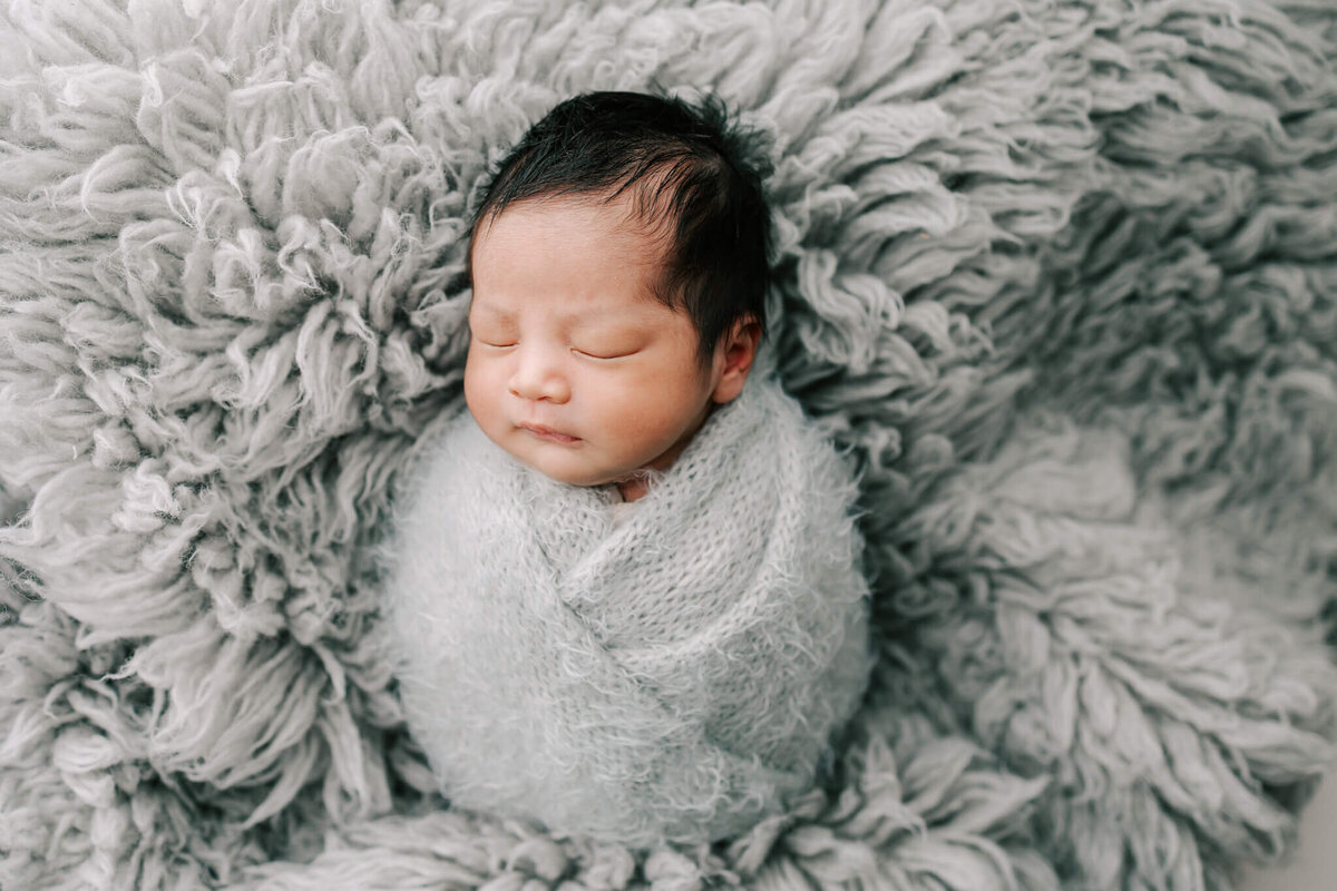 adorable portrait of newborn baby boy wrapped in grey blanket and laying on fuzzy grey rug