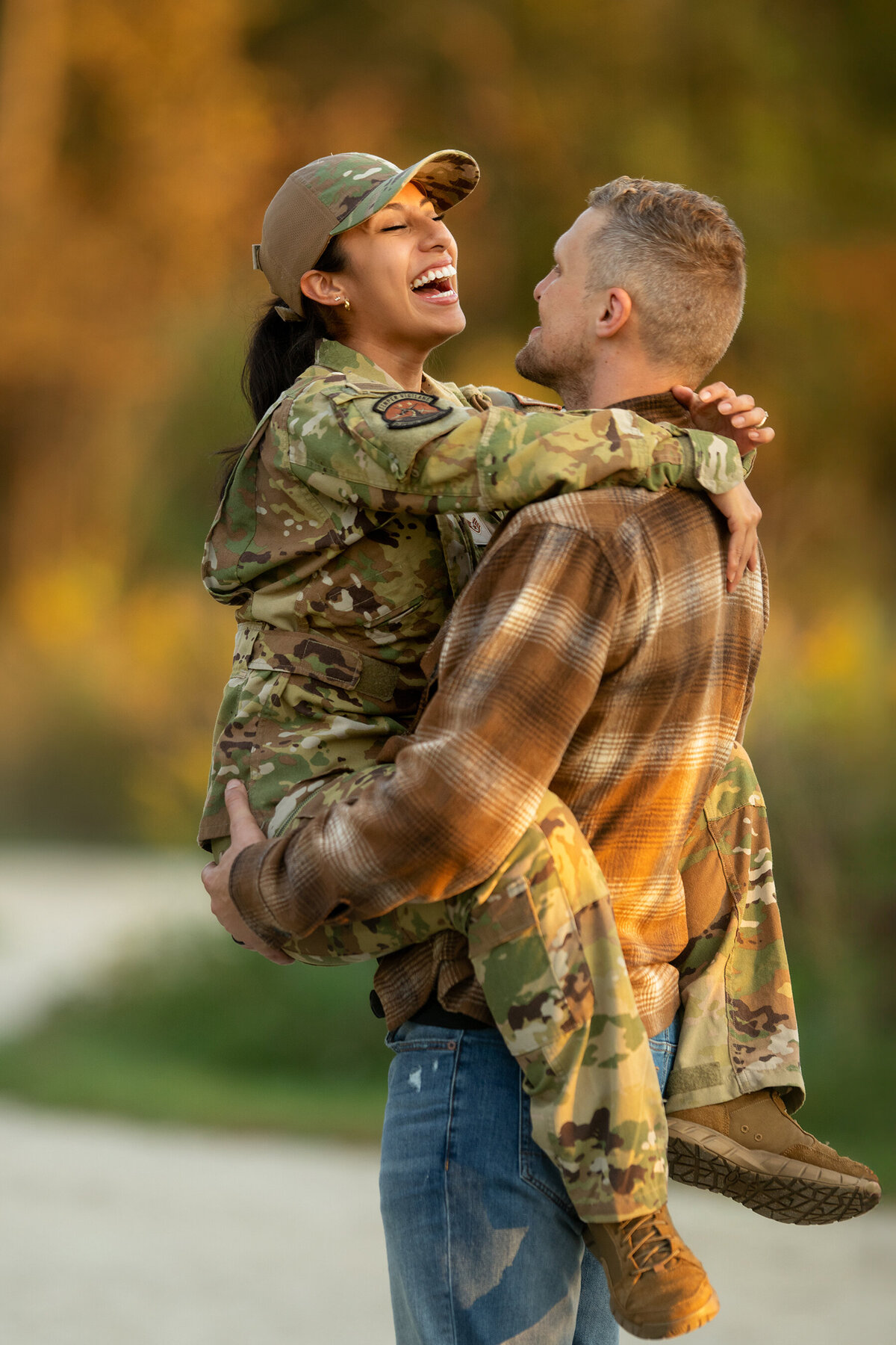 Fall engagement photoshoot of military family  blending in the nature