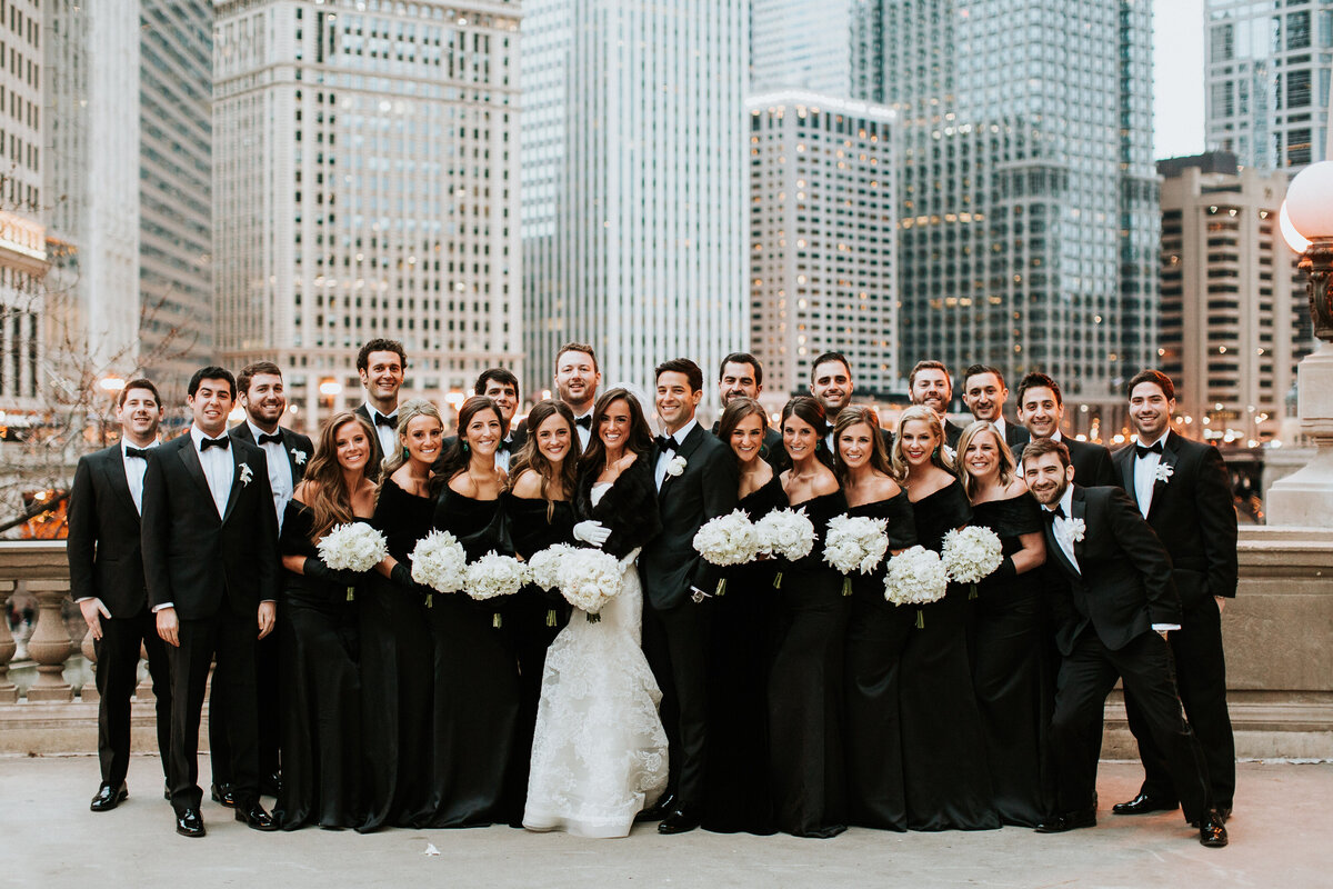 Bridal party posing together in downtown Chicago