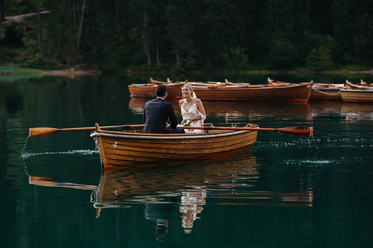 Scenic view of Lago di Braies docks surrounded by mountains