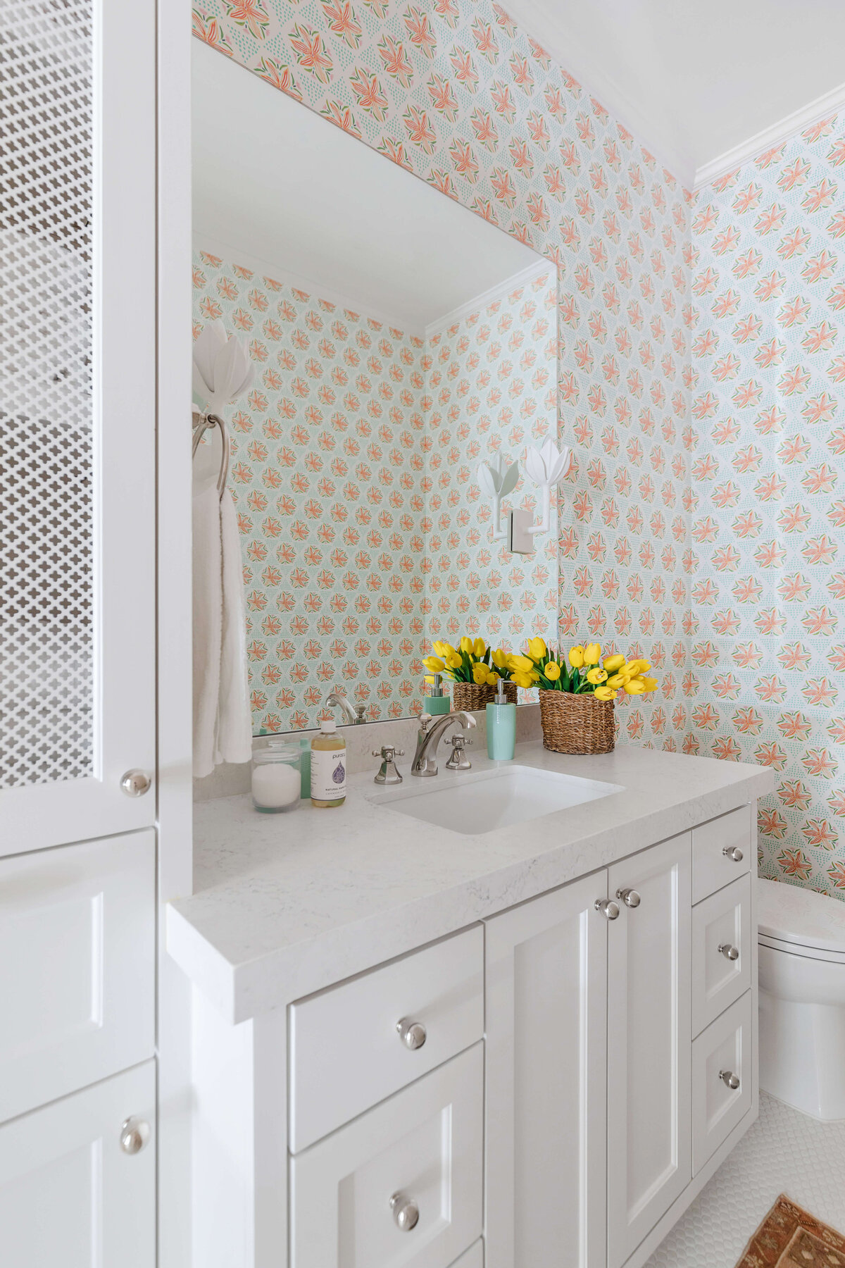 oyster creek studios memorial new build white vanity with patterned wall bathroom