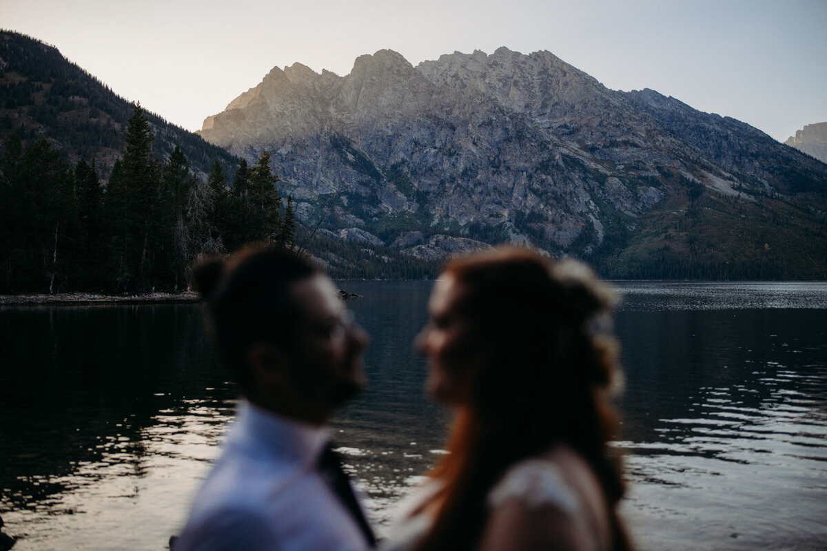 Mountains of Grand Tetons in focus at Jenny Lake elopement