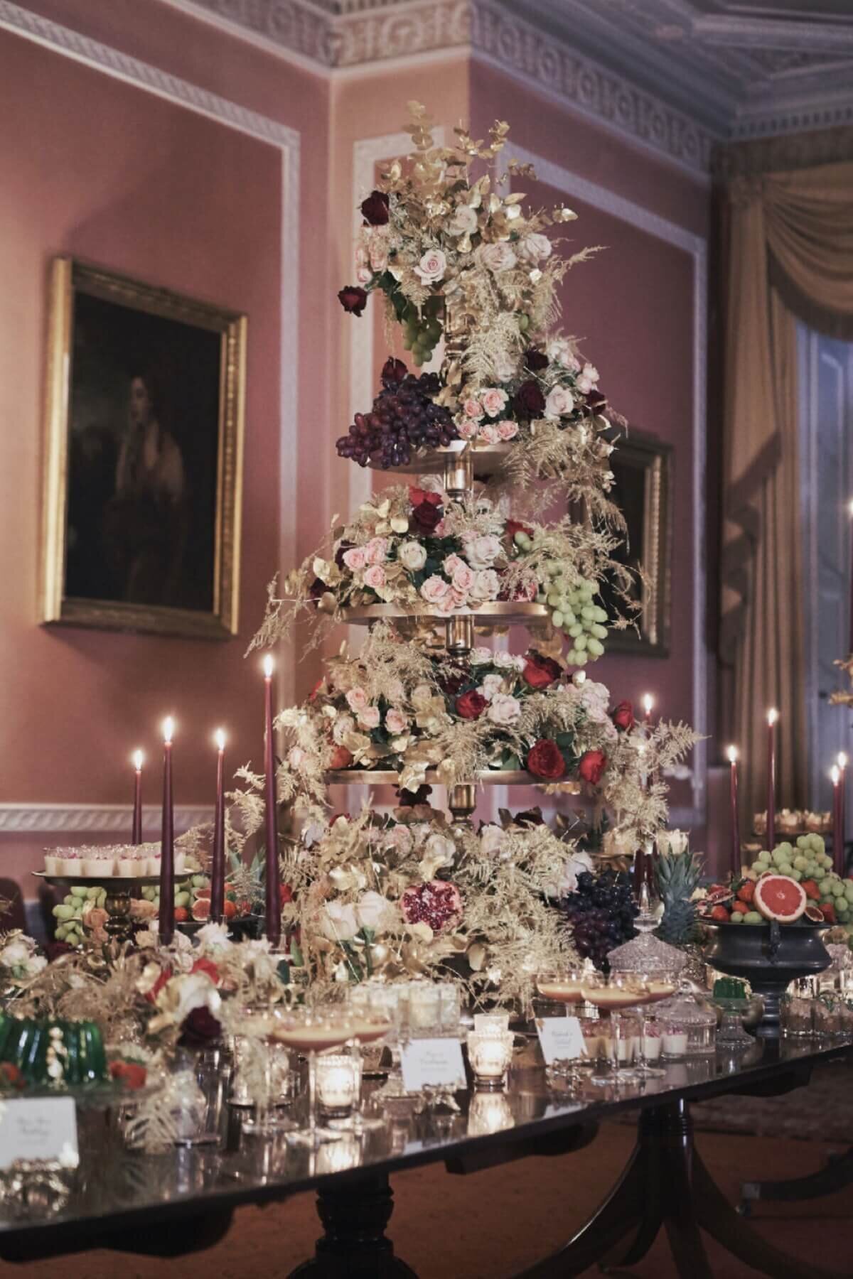 Beautiful dessert display with flowers and candles