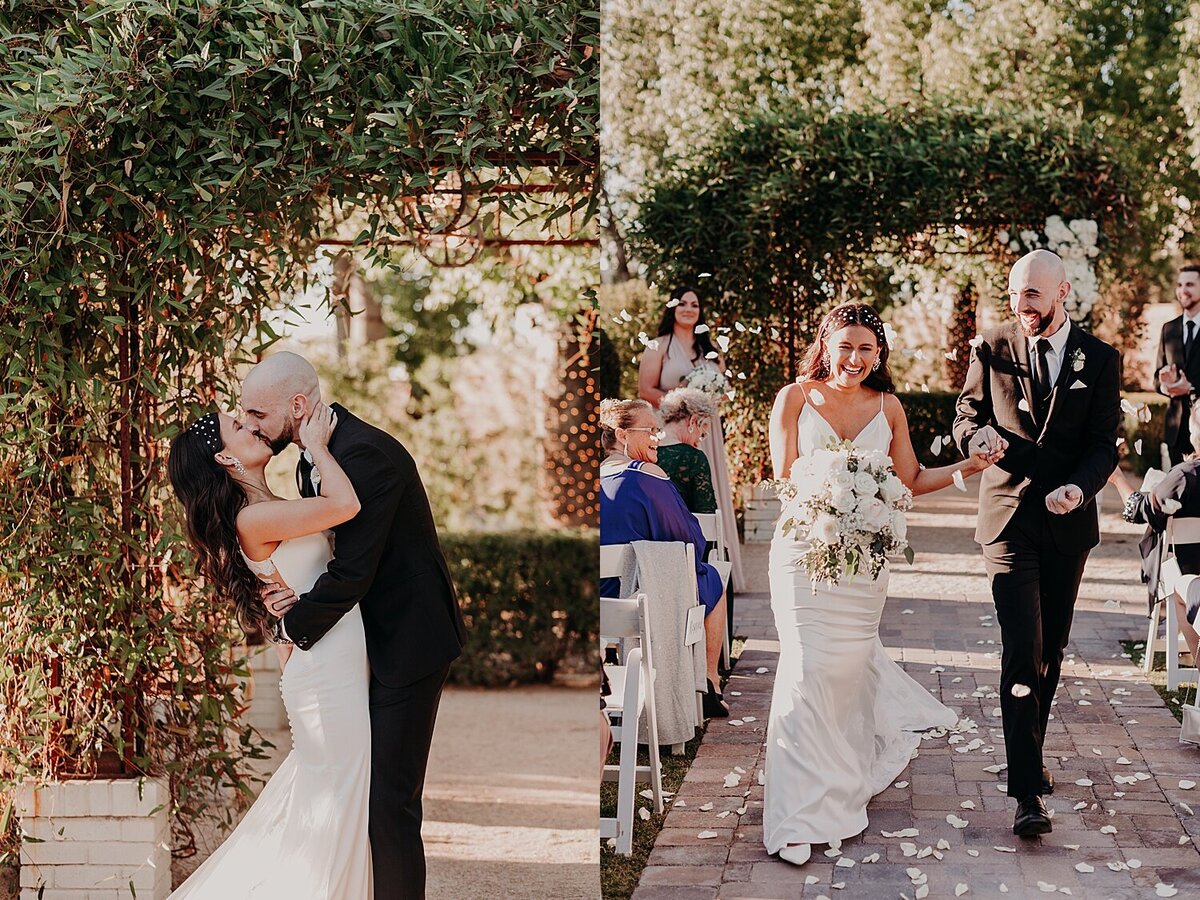 wedding couple happily shares first kiss and they walk down the aisle together