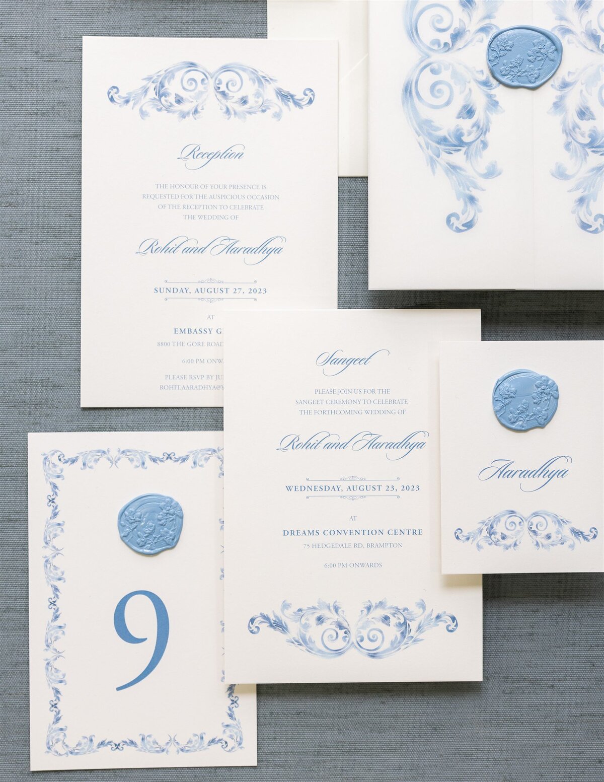 Dusty blue & ivory Hindu wedding invitation 8
