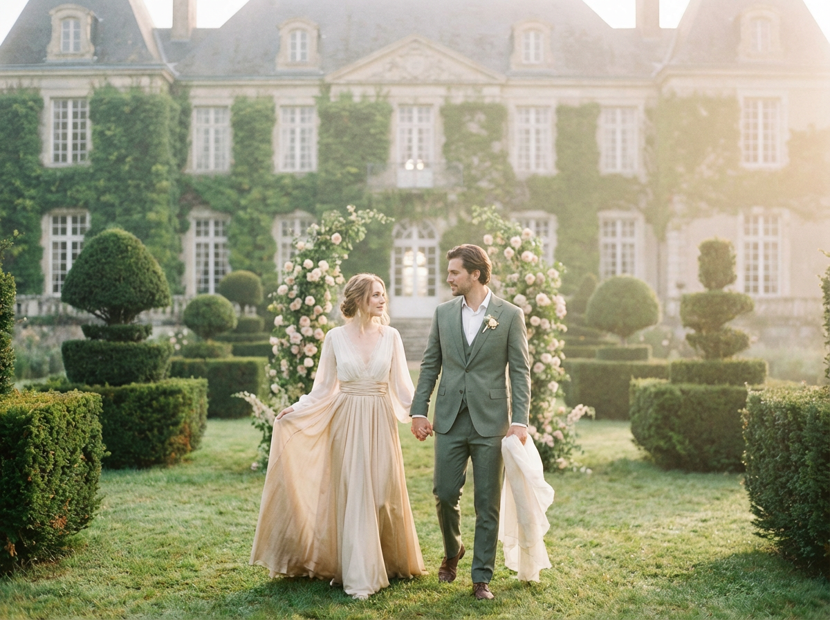 Firefly_Gemini Flash_Fine-art bridal photography shot on soft film stock. A luxurious outdoor scene at a g 640552