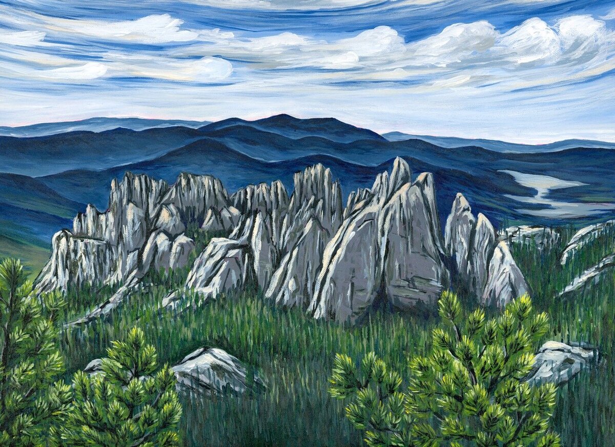 A painting of a mountainous landscape