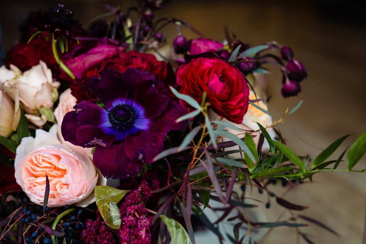 Close up of dark wedding flower bouquet