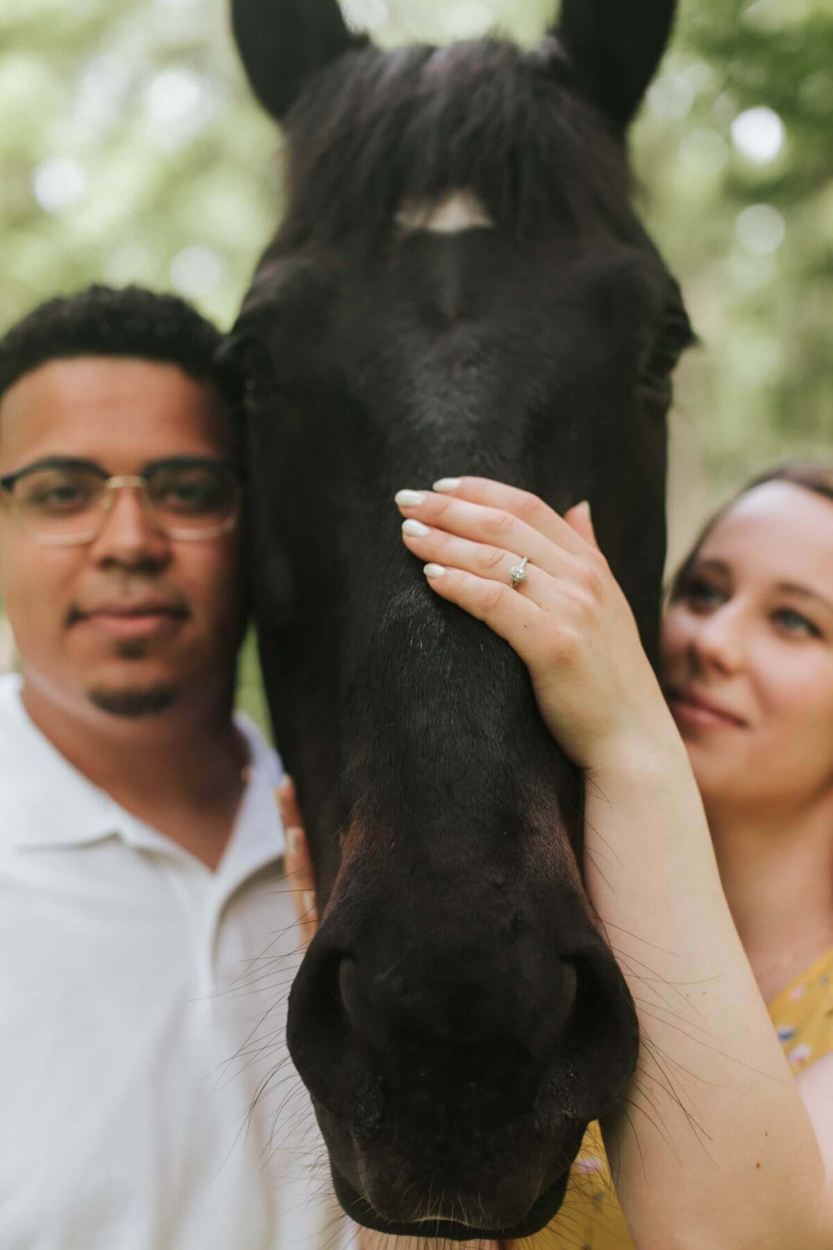 Couple standing on both sides of a horse surrounded by greenery in Upstate New York.