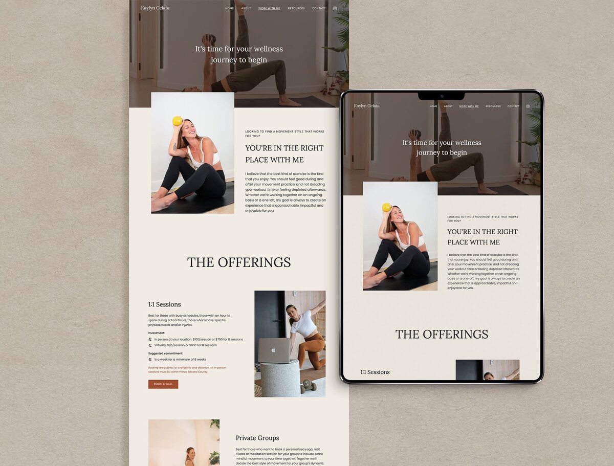 Responsive Showit website design for mindful yoga and Pilates instructor in Prince Edward County